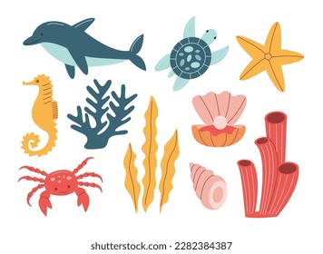 Set of sea inhabitants. Sea horse, crab, dolphin, corals and shells vector illustration.