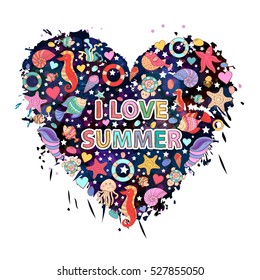 Set Sea inhabitants icon in form of heart on a blots ink background with text I love summer