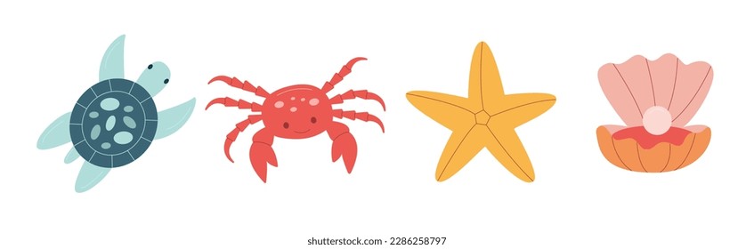 Set of sea inhabitants. Starfish, crab, corals, turtle and shells vector illustration.