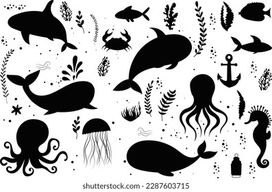 set of sea inhabitants, whale, octopus, fish, algae on a white background, vector