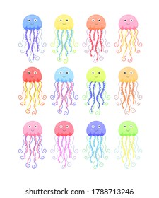 Set of sea jellyfish. Collection of jellyfish icons on a white background. Illustration of underwater marine life. Medusa in cartoon style. Vector sea elements for children's design.