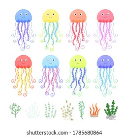 Set of sea jellyfish. Medusa vector cartoon set. Illustration of underwater marine life. Ocean water fauna of corals and algae vegetation. Vector sea elements for children's design.