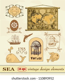 set sea, label and vintage design elements.