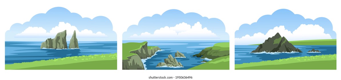 Set of sea landscape panoramic views. Rocks, cliffs, stones, coastlines, coasts, mountains and blue sky with fluffy clouds. Colorful beautiful scenery. Vector illustration.	