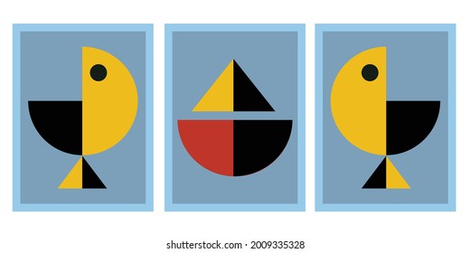 Set of Sea life Abstract Geometric Wall Art. Mid Century Illustration in Minimal Style for house Decoration Background. Shape Art Set of soft color painting in boho style. poster template layouts.