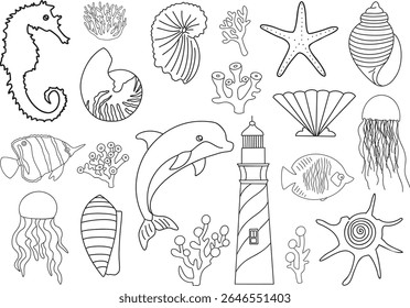 Set of sea life animals Outline vector illustration Hand-drawn art line Great for coloring book, greeting cards, educational material, kids party invitations	