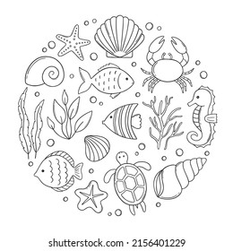 Set of sea life doodle. Underwater elements: shells, fish, corals and seaweed in sketch style. Hand drawn vector illustration isolated on white background.