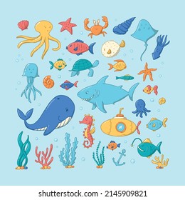 set of sea life doodles and elements. Good for stickers, prints, cards, scrapbooking, sublimation, clipart, cards, etc. EPS 10 