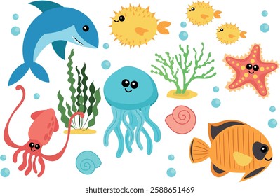 Set of sea life elements. Sea animals. Vector set of marine life objects for your design.