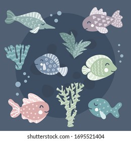 Mit Meereslebewesen ausgestattet. Handgezeichnete doodle Vektorillustration Illustration. Fische auf blauem Hintergrund. 