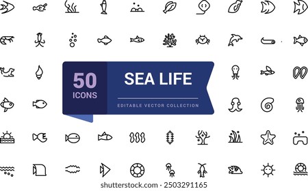 Set of sea life icons set. Pixel perfect, minimalistic web and UI icon. Outline icon collections. Editable vector illustration.