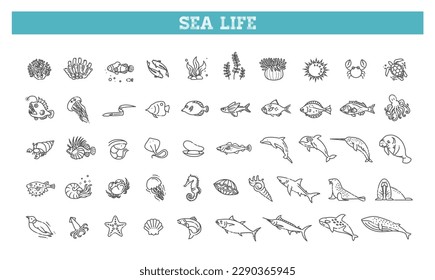 Set of sea life icons. Vector outline symbols