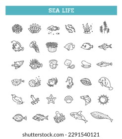 Set of sea life icons. Vector outline symbols