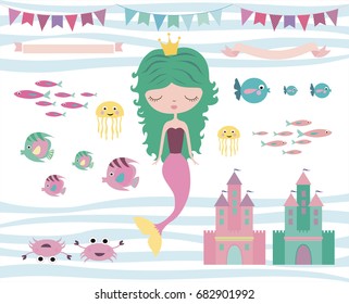 Set of sea life with mermaid and fish. Vector illustration