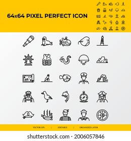 Conjunto de Iconos de Línea Vector relacionados con la vida marina. cangrejo, langosta, tiburón, salmón y coral.iconos perfectos de 64x64 píxeles