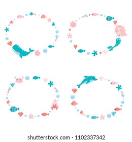 Set of sea life vector frames with cute mermaid and marine animals