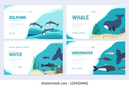 Set of Sea mammals. Art animal brochure card set. fish in ocean life template of flyear, web banner, ui header, enter site. Layout invintation modern 