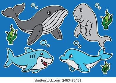 set of sea mammals good for sticker, poster, kids education