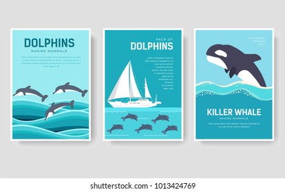 Set of Sea mammals pattern concept. Art animal, magazine, book, poster, abstract, banners, element. Vector fish in ocean life package greeting card or invitation brochure design