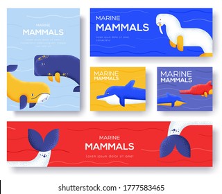 Set of Sea mammals pattern concept. Art animal, magazine, book, poster, abstract, banners, element. Fish in ocean life package greeting card. Grain texture and noise effect. 