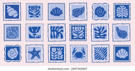 set of sea mediterranean , Amalfi , hand drawn elements, decoration, frame, borders, ornaments, silhouette, modern print, stickers, summer, trendy ,creative vector illustration