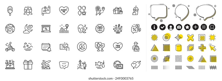 Set of Sea mountains, Airplane travel and Sleep line icons for web app. Design elements, Social media icons. Market, Fireworks, Marry me icons. True love, Fishing, Fireworks stars signs. Vector