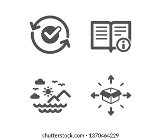 Set of Sea mountains, Technical info and Approved icons. Parcel delivery sign. Summer travel, Documentation, Refresh symbol. Logistics service.  Classic design sea mountains icon. Flat design. Vector