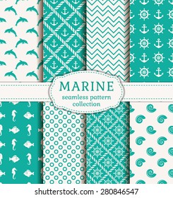 Set of sea and nautical backgrounds in blue and white colors. Sea theme. Seamless patterns collection. Vector illustration. 