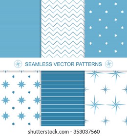 Set of sea and nautical backgrounds in blue and white colors. Sea theme. Seamless patterns collection. Vector illustration.