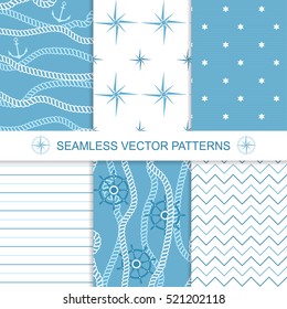 Set of sea and nautical backgrounds in blue and white colors. Sea theme. Seamless patterns collection. Vector illustration.