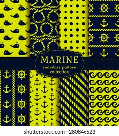 Set of sea and nautical backgrounds in dark blue and green colors. Sea theme. Seamless patterns collection. Vector illustration. 