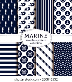 Set of sea and nautical backgrounds in dark blue and white colors. Sea theme. Seamless patterns collection. Vector illustration. 