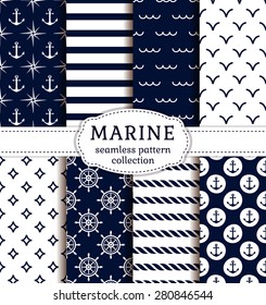 Set of sea and nautical backgrounds in dark blue and white colors. Sea theme. Seamless patterns collection. Vector illustration. 