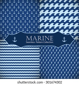 Set of sea and nautical backgrounds in dark blue and white colors. Sea theme. Seamless patterns collection. Vector illustration.