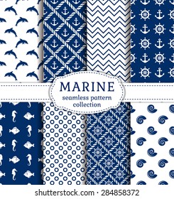 Set of sea and nautical backgrounds in navy blue and white colors. Sea theme. Seamless patterns collection. Vector illustration. 