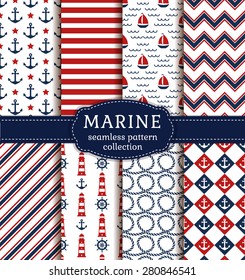 Set of sea and nautical backgrounds in white, blue and red colors. Sea theme. Seamless patterns collection. Vector illustration. 