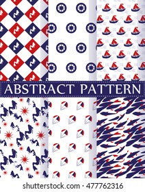 Set of sea and nautical backgrounds in white, blue and red colors. Sea theme. Seamless patterns collection. Vector illustration.
