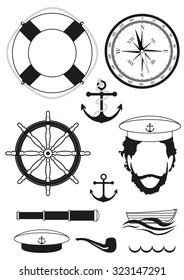 Set of sea and nautical decorations isolated on white background. Collection of elements for company logos, business identity, print products, page and web decor or other design. Vector illustration.