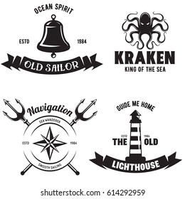 Set of sea and nautical decorations isolated on white background. Collection of elements for company logos, business identity, print products, page and web decor or other design. Vector illustration.