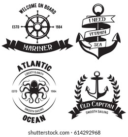 Set of sea and nautical decorations isolated on white background. Collection of elements for company logos, business identity, print products, page and web decor or other design. Vector illustration.