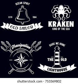 Set of sea and nautical decorations isolated on white background. Collection of elements for company logos, business identity, print products, page and web decor or other design. Vector illustration.