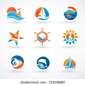 Set of sea and nautical icons, signs and symbols