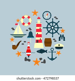 Set of sea and nautical icons, signs and symbols