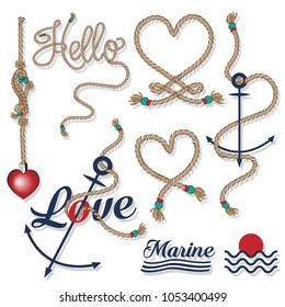 Set of sea and nautical and rope typography badges and design elements. Marine cruise, beach resort, seafood bar, Vector collection on white background. Set of sea and nautical and rope typography badges and design elements. Marine cruise, beach resort, seafood bar, Vector collection on white background.