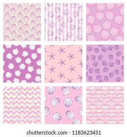 Set of sea and nautical seamless patterns in white and pale blue colors. Vector illustration.