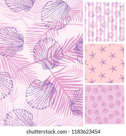 Set of sea and nautical seamless patterns in white and pale blue colors. Vector illustration.