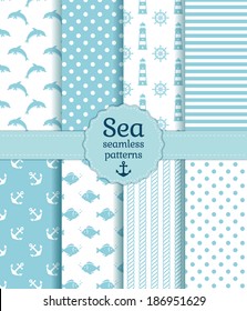 Set of sea and nautical seamless patterns in white and pale blue colors. Vector illustration. 