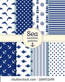 Set of sea and nautical seamless patterns in white and dark blue colors. Vector illustration. 