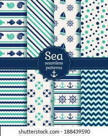 Set of sea and nautical seamless patterns in white, turquoise and dark blue colors. Vector illustration.