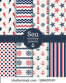 Set of sea and nautical seamless patterns in white, pink and dark blue colors. Vector illustration.